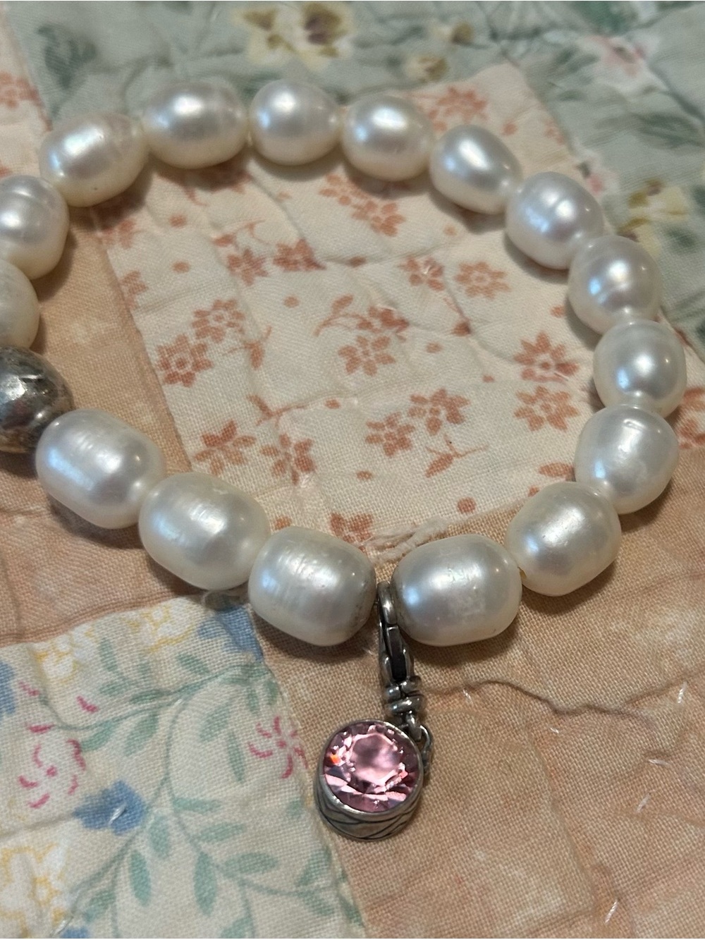 Silpada Pearl Stretch Bracelet with Sterling Silver bead and Pink Crystal Charm